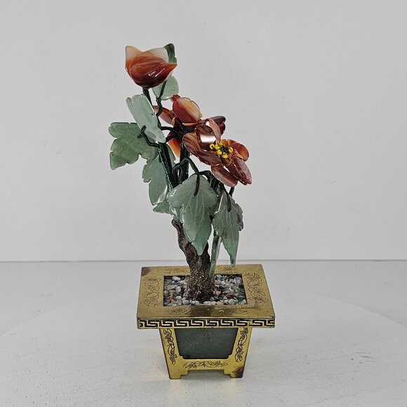 Vintage Chinese Jade Bonsai Tree Carved Carnelian Gemstone Brass Planter - Picture 2 of 9